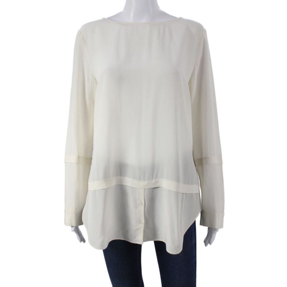 Van Laack Women Tunic Blouse Ivory Silk Boat Neck Long Sleeve Button Size 40